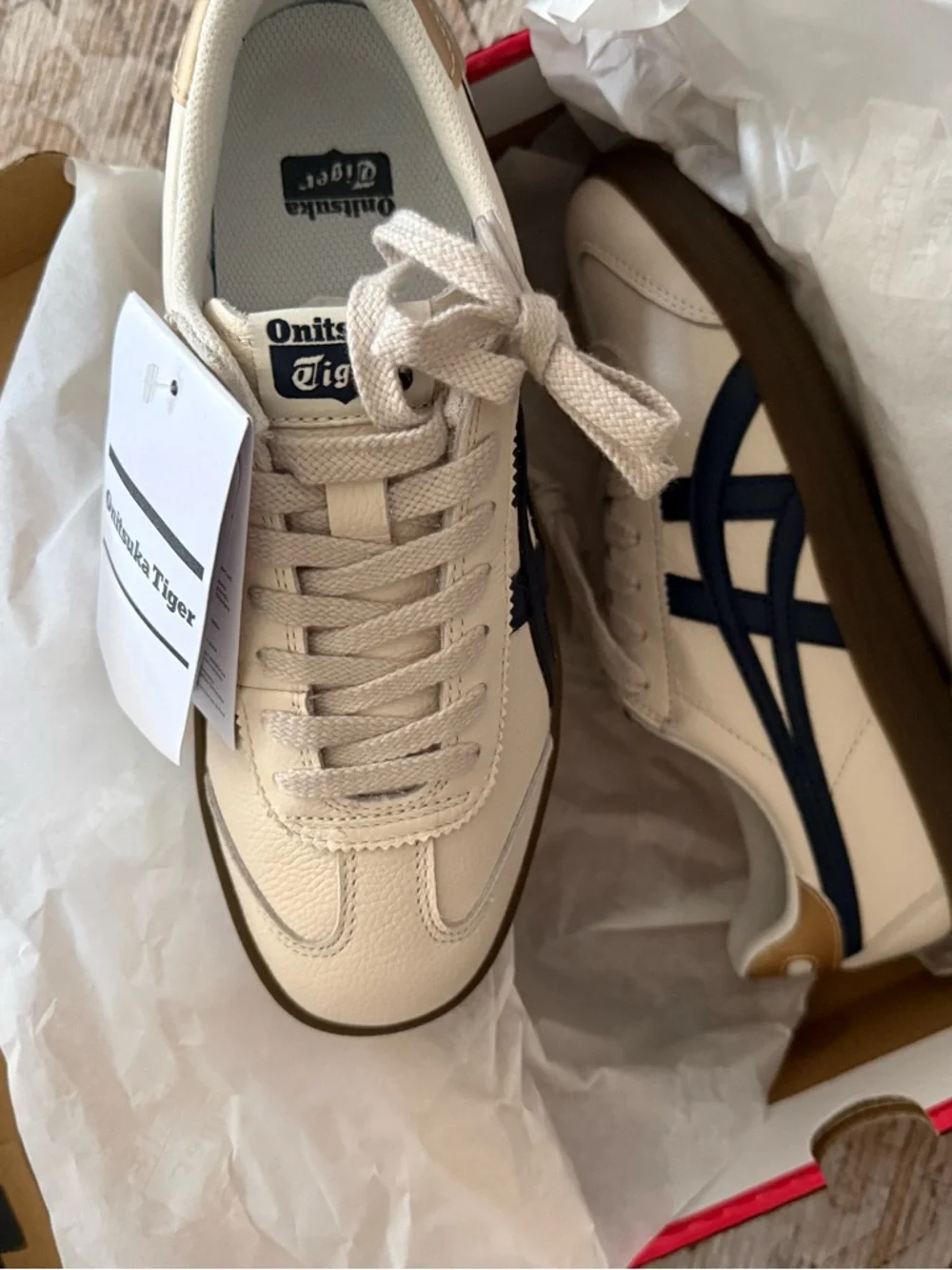 Onitsuka Tiger Tokuten Cream Sneakers with Navy and Brown Sole - Picture 1 of 4